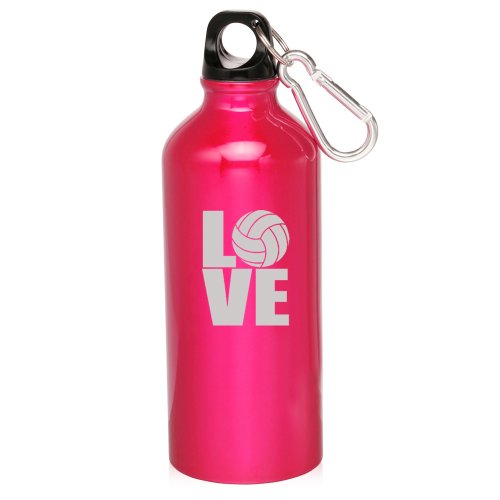 Hot Pink 20oz Aluminum Sports Water Bottle Caribiner Clip ZW412 Love Volleyball