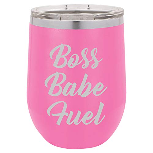 12 oz Double Wall Vacuum Insulated Stainless Steel Stemless Wine Tumbler Glass Coffee Travel Mug With Lid Boss Babe Fuel (Hot-Pink)