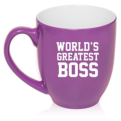 16 oz Large Bistro Mug Ceramic Coffee Tea Glass Cup World's Greatest Boss (Purple)