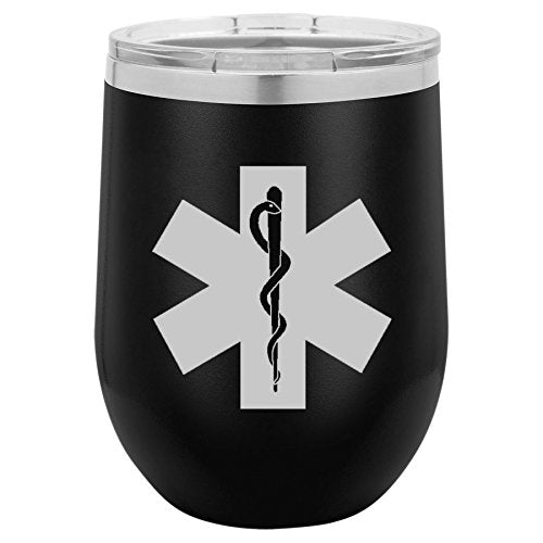 12 oz Double Wall Vacuum Insulated Stainless Steel Stemless Wine Tumbler Glass Coffee Travel Mug With Lid Star Of Life EMT Paramedic (Black)