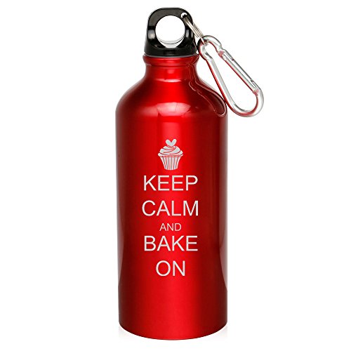 20oz Aluminum Sports Water Bottle Caribiner Clip Keep Calm and Bake On Cupcake (Red)