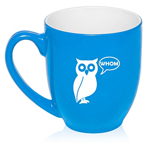 16 oz Large Bistro Mug Ceramic Coffee Tea Glass Cup Grammar Funny Owl Who Whom (Light Blue)