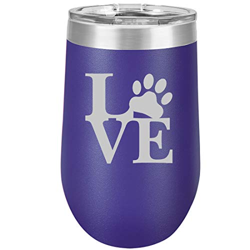 16 oz Double Wall Vacuum Insulated Stainless Steel Stemless Wine Tumbler Glass Coffee Travel Mug With Lid LOVE Paw Print (Purple)