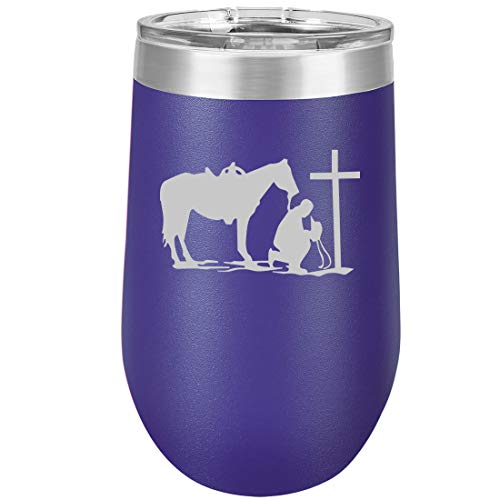 16 oz Double Wall Vacuum Insulated Stainless Steel Stemless Wine Tumbler Glass Coffee Travel Mug With Lid Cowboy Praying Cross Horse (Purple)