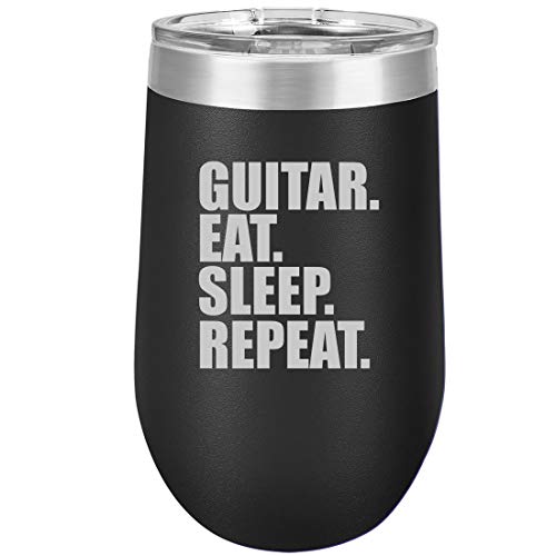 16 oz Double Wall Vacuum Insulated Stainless Steel Stemless Wine Tumbler Glass Coffee Travel Mug With Lid Guitar Eat Sleep Repeat (Black)