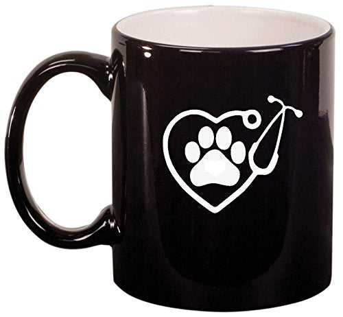 Ceramic Coffee Tea Mug Cup Heart Stethoscope Vet Tech Veterinarian (Black)