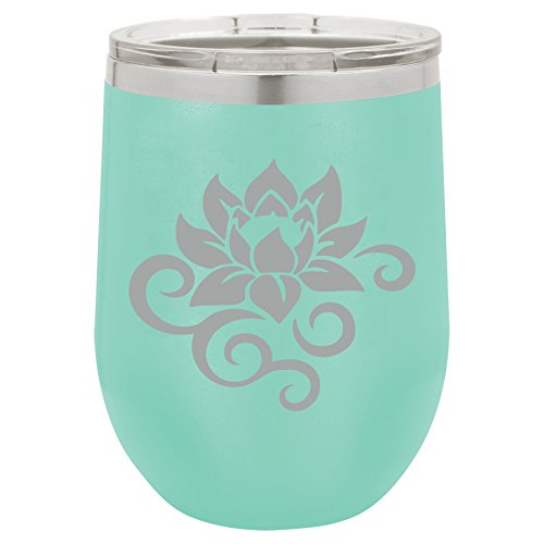 12 oz Double Wall Vacuum Insulated Stainless Steel Stemless Wine Tumbler Glass Coffee Travel Mug With Lid Lotus Flower Scroll (Teal)