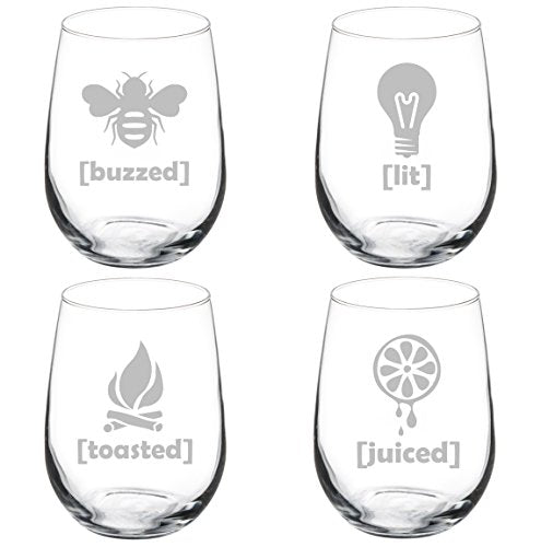 Set of 4 Wine Glass Goblet Funny Drunk Buzzed Lit Toasted Juiced (17 oz Stemless)