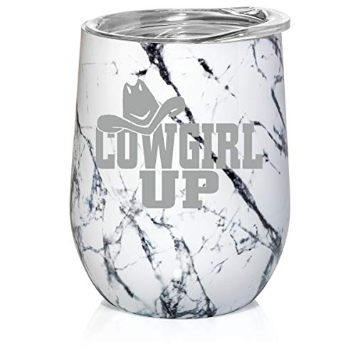 12 oz Double Wall Vacuum Insulated Stainless Steel Marble Stemless Wine Tumbler Glass Coffee Travel Mug With Lid Cowgirl Up With Hat (Black White Marble)