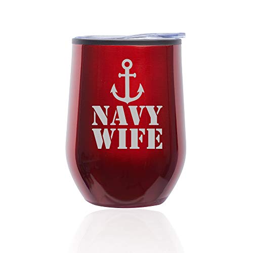 Stemless Wine Tumbler Coffee Travel Mug Glass With Lid Navy Wife (Red)