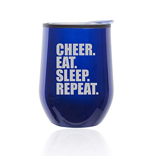 Stemless Wine Tumbler Coffee Travel Mug Glass With Lid Cheer Eat Sleep Repeat Cheerleader (Blue)