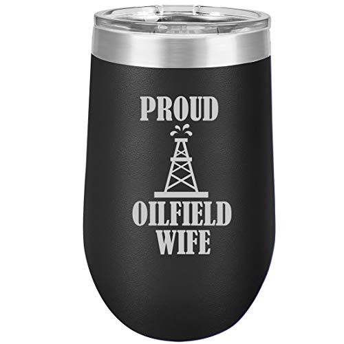16 oz Double Wall Vacuum Insulated Stainless Steel Stemless Wine Tumbler Glass Coffee Travel Mug With Lid Proud Oilfield Wife (Black)