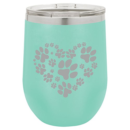 12 oz Double Wall Vacuum Insulated Stainless Steel Stemless Wine Tumbler Glass Coffee Travel Mug With Lid Heart Paw Prints (Teal)