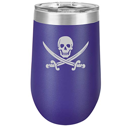 16 oz Double Wall Vacuum Insulated Stainless Steel Stemless Wine Tumbler Glass Coffee Travel Mug With Lid Jolly Roger Pirate (Purple)