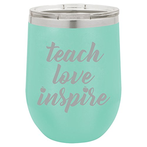 12 oz Double Wall Vacuum Insulated Stainless Steel Stemless Wine Tumbler Glass Coffee Travel Mug With Lid Teach Love Inspire Teacher (Teal)