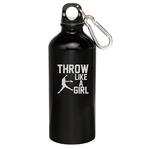 20oz Aluminum Sports Water Bottle Caribiner Clip Throw Like A Girl Softball (Black)