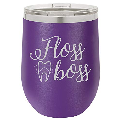 12 oz Double Wall Vacuum Insulated Stainless Steel Stemless Wine Tumbler Glass Coffee Travel Mug With Lid Floss Boss Dentist Dental Hygienist (Purple)