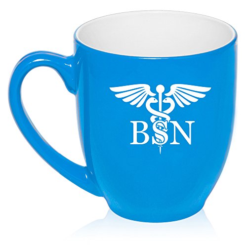 16 oz Large Bistro Mug Ceramic Coffee Tea Glass Cup BSN Bachelors Of Science Nurse Caduceus (Light Blue)