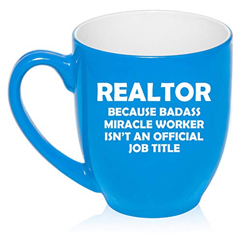 16 oz Large Bistro Mug Ceramic Coffee Tea Glass Cup Realtor Real Estate Agent Broker Miracle Worker Job Title Funny (Light-Blue)