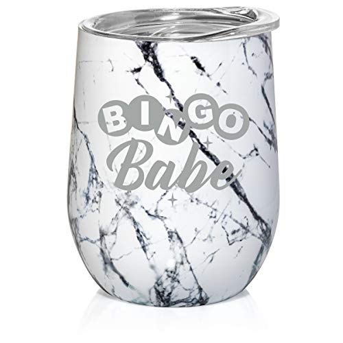 12 oz Double Wall Vacuum Insulated Stainless Steel Marble Stemless Wine Tumbler Glass Coffee Travel Mug With Lid Bingo Babe (Black White Marble)