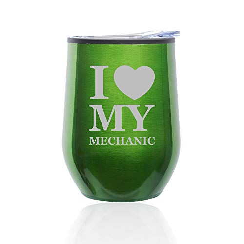 Stemless Wine Tumbler Coffee Travel Mug Glass With Lid I Love Heart My Mechanic (Green)
