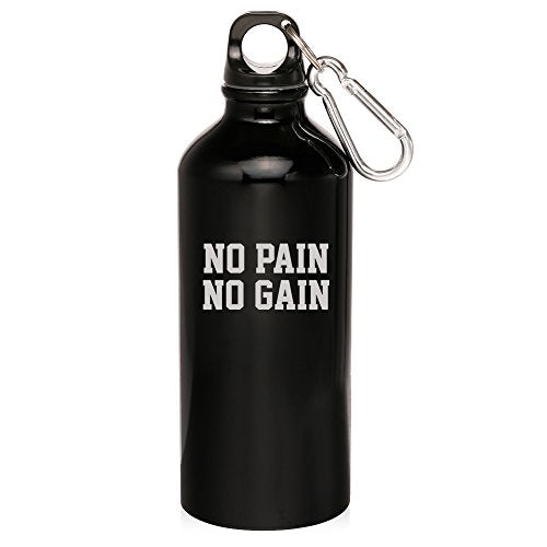 20oz Aluminum Sports Water Bottle Caribiner Clip No Pain No Gain (Black)