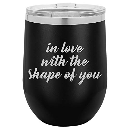 12 oz Double Wall Vacuum Insulated Stainless Steel Stemless Wine Tumbler Glass Coffee Travel Mug With Lid In Love With The Shape Of You (Black)