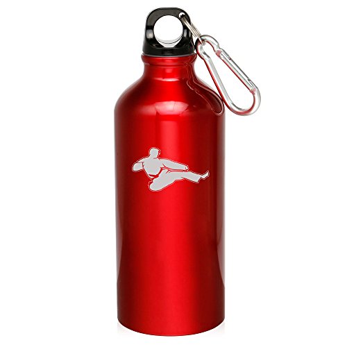 20oz Aluminum Sports Water Bottle Caribiner Clip Jump Kick Karate Martial Arts (Red)