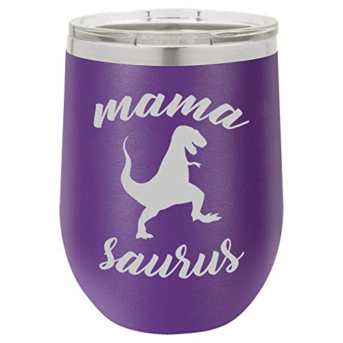 12 oz Double Wall Vacuum Insulated Stainless Steel Stemless Wine Tumbler Glass Coffee Travel Mug With Lid Mama Saurus Mom Mother T-Rex Funny (Purple)