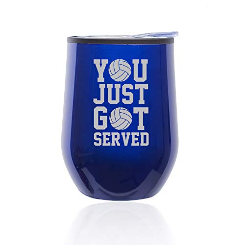 Stemless Wine Tumbler Coffee Travel Mug Glass With Lid You Just Got Served Volleyball (Blue)