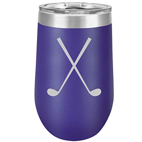 16 oz Double Wall Vacuum Insulated Stainless Steel Stemless Wine Tumbler Glass Coffee Travel Mug With Lid Crossed Golf Clubs (Purple)