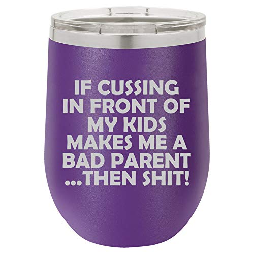 12 oz Double Wall Vacuum Insulated Stainless Steel Stemless Wine Tumbler Glass Coffee Travel Mug With Lid Funny Bad Parent Mom Mother Dad Father (Purple)