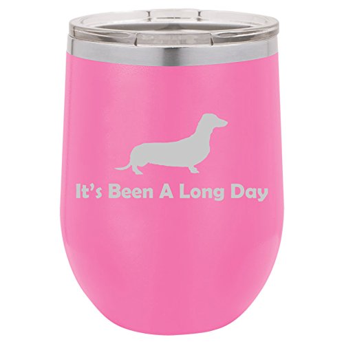 12 oz Double Wall Vacuum Insulated Stainless Steel Stemless Wine Tumbler Glass Coffee Travel Mug With Lid It's Been A Long Day Dachshund (Hot-Pink)