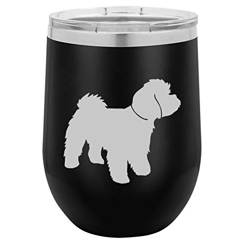 12 oz Double Wall Vacuum Insulated Stainless Steel Stemless Wine Tumbler Glass Coffee Travel Mug With Lid Maltipoo (Black)