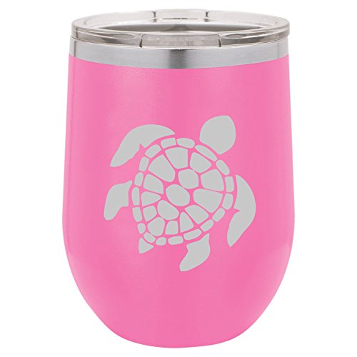 12 oz Double Wall Vacuum Insulated Stainless Steel Stemless Wine Tumbler Glass Coffee Travel Mug With Lid Sea Turtle (Hot-Pink)