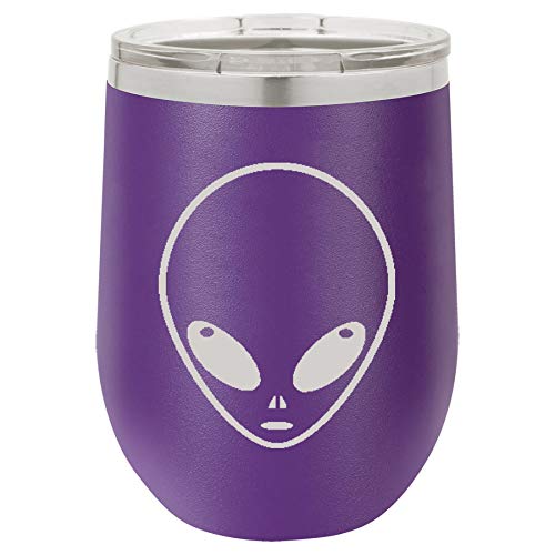 12 oz Double Wall Vacuum Insulated Stainless Steel Stemless Wine Tumbler Glass Coffee Travel Mug With Lid Alien Head (Purple)