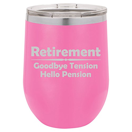 12 oz Double Wall Vacuum Insulated Stainless Steel Stemless Wine Tumbler Glass Coffee Travel Mug With Lid Retirement Pension Funny (Hot-Pink)