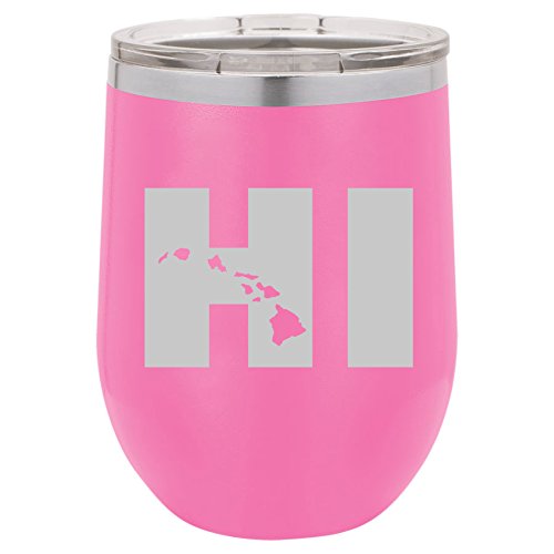 12 oz Double Wall Vacuum Insulated Stainless Steel Stemless Wine Tumbler Glass Coffee Travel Mug With Lid HI Hawaiian Islands Hawaii (Hot-Pink)