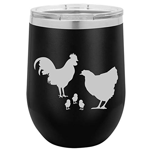 12 oz Double Wall Vacuum Insulated Stainless Steel Stemless Wine Tumbler Glass Coffee Travel Mug With Lid Chicken Family (Black)