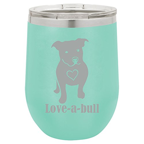 12 oz Double Wall Vacuum Insulated Stainless Steel Stemless Wine Tumbler Glass Coffee Travel Mug With Lid Love-A-Bull Pit Bull Love (Teal)