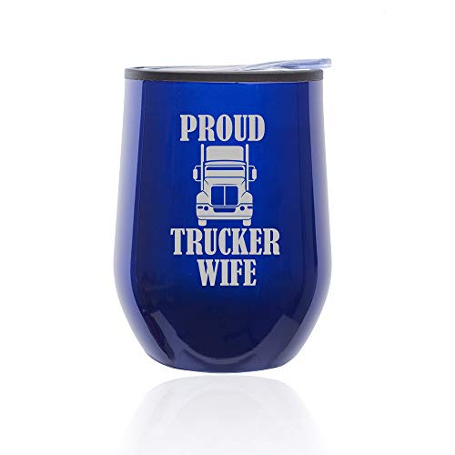 Stemless Wine Tumbler Coffee Travel Mug Glass With Lid Proud Trucker Wife (Blue)