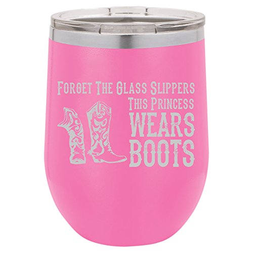 12 oz Double Wall Vacuum Insulated Stainless Steel Stemless Wine Tumbler Glass Coffee Travel Mug With Lid Princess Wears Boots Cowgirl (Hot-Pink)