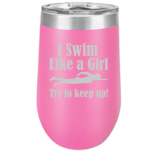 16 oz Double Wall Vacuum Insulated Stainless Steel Stemless Wine Tumbler Glass Coffee Travel Mug With Lid Swim Like A Girl (Hot Pink)