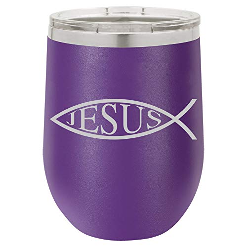 12 oz Double Wall Vacuum Insulated Stainless Steel Stemless Wine Tumbler Glass Coffee Travel Mug With Lid Jesus Fish (Purple)