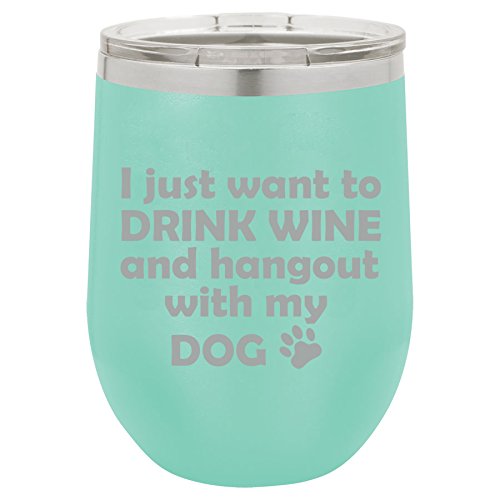 12 oz Double Wall Vacuum Insulated Stainless Steel Stemless Wine Tumbler Glass Coffee Travel Mug With Lid Drink Wine And Hang Out With Dog (Teal)