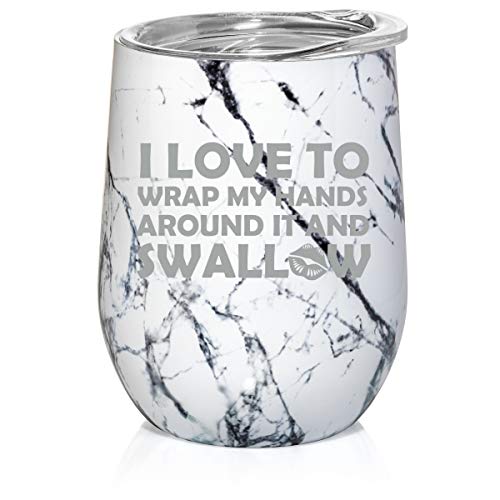 12 oz Double Wall Vacuum Insulated Stainless Steel Marble Stemless Wine Tumbler Glass Coffee Travel Mug With Lid I Love To Wrap My Hands Around It And Swallow Funny (Black White Marble)