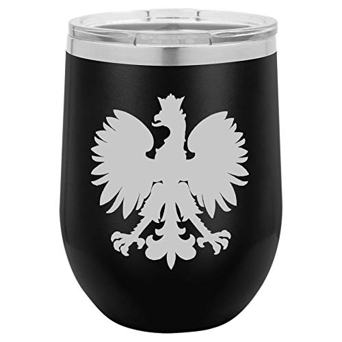 12 oz Double Wall Vacuum Insulated Stainless Steel Stemless Wine Tumbler Glass Coffee Travel Mug With Lid Poland Eagle (Black)