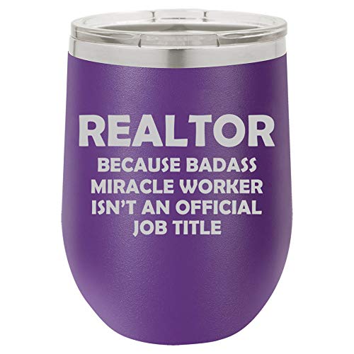 12 oz Double Wall Vacuum Insulated Stainless Steel Stemless Wine Tumbler Glass Coffee Travel Mug With Lid Realtor Real Estate Agent Broker Miracle Worker Job Title Funny (Purple)