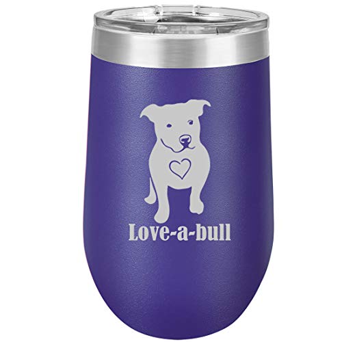 16 oz Double Wall Vacuum Insulated Stainless Steel Stemless Wine Tumbler Glass Coffee Travel Mug With Lid Love-A-Bull Pit Bull Love (Purple)