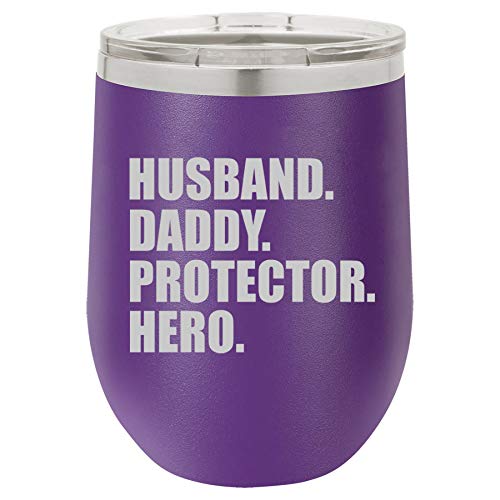 12 oz Double Wall Vacuum Insulated Stainless Steel Stemless Wine Tumbler Glass Coffee Travel Mug With Lid Husband Daddy Protector Hero Dad Father (Purple)